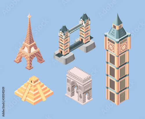 Landmarks isometric. World famous buildings travelling symbols bridges pyramid towers vector. Pyramid and bridge in europe, monument isometric for tourism illustration