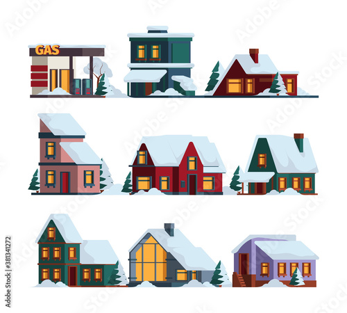 Snow cap house. Winter christmas architecture modern buildings in snowfall vector cottage illustrations. Illustration building winter, house architecture in snow