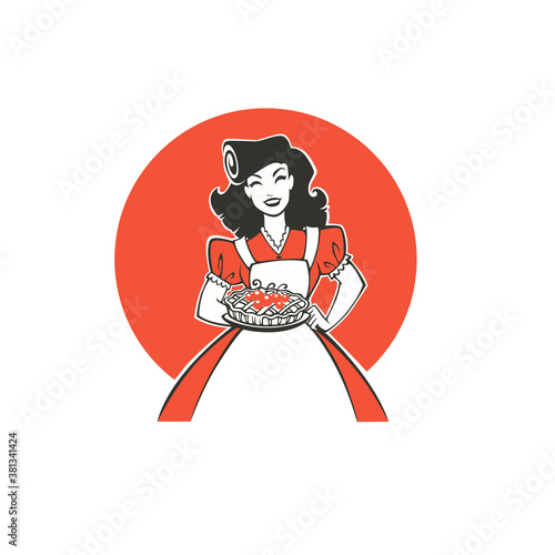 beauty retro pinup cartoon girl holding a delicious tasty cake, for your logo, label, emblem