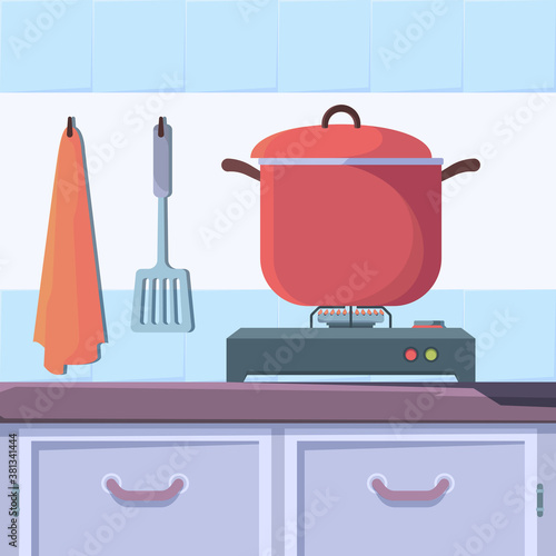 Gas stove food. Kitchen interior with boiling food cooking cuisine vector concept. Kitchen domestic, equipment stove cooking illustration