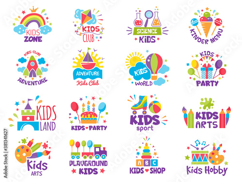 Kids zone badges. Logos for creative place for childrens playgrounds or toys shop vector symbols. Illustration zone playground and kidzone, cartoon childish area badge photo