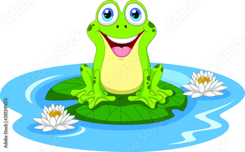 Cartoon frog on a leaf in the pond