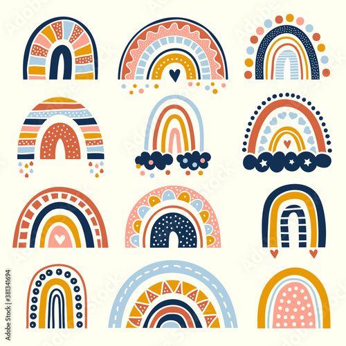 Abstract rainbow. Scandinavian graphic curved stylized lines decoration for kids shapes of rainbow vector drawing set. Scandinavian abstract rainbow collection illustration design