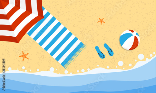 Beach towel on a sandy beach. Holiday concept by the sea. Vector, cartoon illustration. Vector.