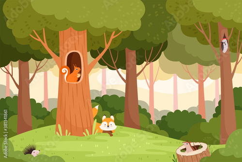 Forest landscape. Trees with holes for wild animals house in wooden trunk for birds squirrels fox vector cartoon background. Landscape forest with animal, outdoor wild scenery illustration