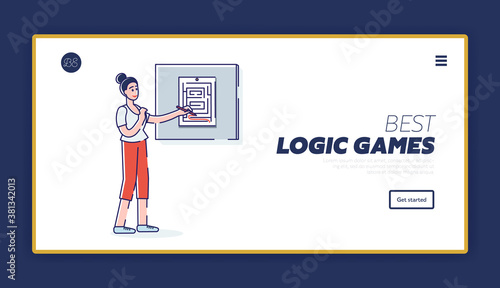 Landing page for website with best logic games template with girl solving maze