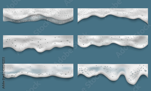Water foam. Clean washing liquids bath laundry drops splashes on seaside top view vector realistic templates. Shampoo foam, cream soap washing illustration