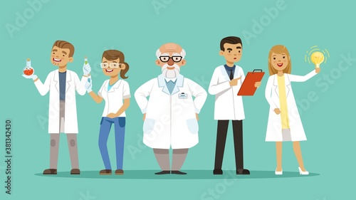 Laboratory team. Team of scientists or doctors, researchers. Cartoon hospital personal, virologists vector illustration. Research team laboratory woman and man, analysis pharmaceutical