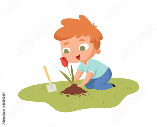 Boy planting tulip. Young guy with garden tool caring flower. Isolated cartoon little male gardening hobbies vector illustration. Hobby gardening at backyard, happy child