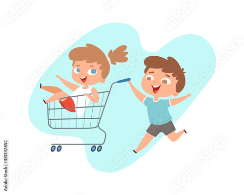 Children ride in grocery cart. Happy brother and sister play in shop or supermarket, cartoon happy children characters. Kids bad behavior or manners, baby pranks vector illustration