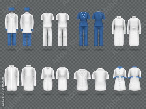 Realistic doctor coat mock up. Empty lab uniform, doctor medical laboratory clothes, hospital professional suit, blouse, nursing uniform, hat on transparent background isolated mockup
