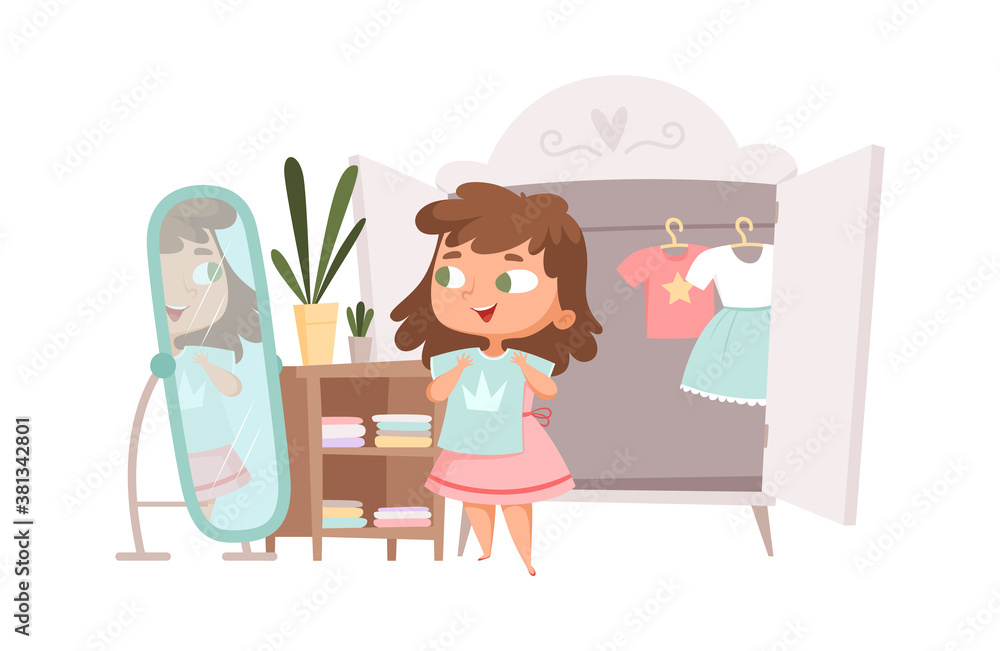 Girl dressing up. Cute baby choice clothes in wardrobe. Cartoon fashion kid, female child change dress vector illustration. Mirror morning furniture, attractive girl smile Girl dressing up. Cute baby choice clothes in wardrobe. Cartoon fashion kid, female child change dress vector illustration. Mirror morning furniture, attractive girl smile