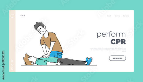 Cardiopulmonary Resuscitation Landing Page Template. Male Character Making Heart Massage to Man Victim Lying on Floor