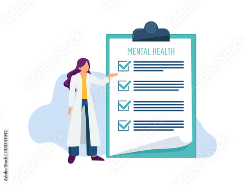 Psychotherapist with check list. Mental health examination, doctor and treatment document vector illustration. Medical mental record clipboard