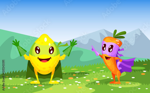 Funny cartoon characters fruits in superhero costumes lemon and carrot. Fruit together, lemon happily welcomes other fruits character vector