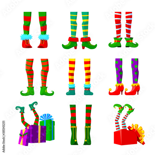 Set of Icons Elves Legs, Christmas Design Elements, Cute Funny Feet of Xmas Character in Striped Stoking and Nosy Shoes