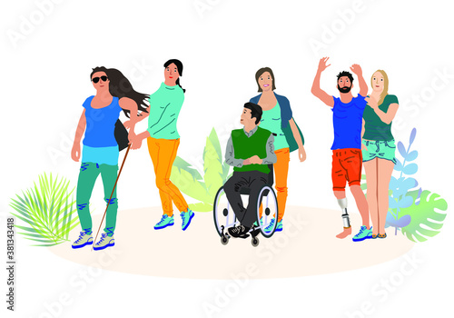 Volunteers helping disabled people. Group of men and women with special needs, on wheelchair, with prosthesis. Vector illustration for support, diversity, disability, lifestyle concept