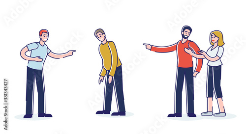 People laughing from fat man with overweight. Men and women pointing fingers to sad obese male