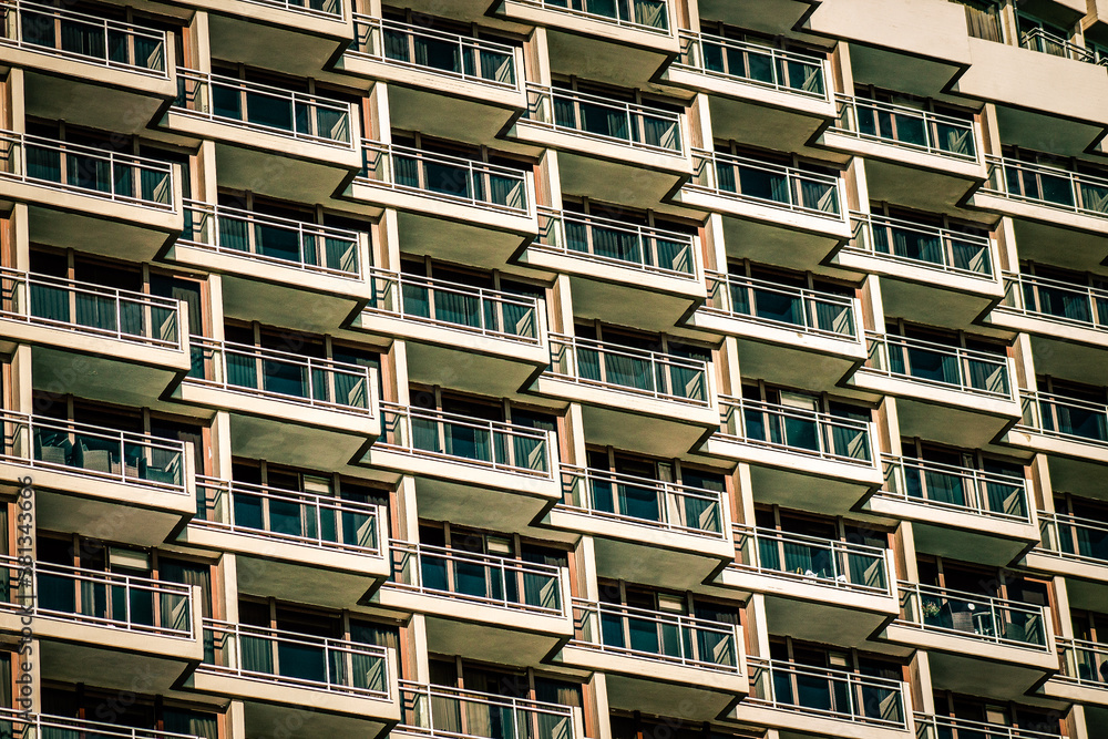 View of the facade of a modern building in the streets of Tel Aviv in Israel View of the facade of a modern building in the streets of Tel Aviv in Israel