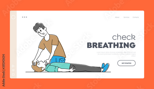 Medical Cardiopulmonary Resuscitation Landing Page Template. First Aid to Victim Lying on Floor. Man Lift Patient Chin