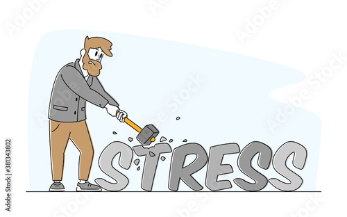 Businessman with Sledgehammer Hit Huge Word Stress Isolated on White Background. Character Fight with Mental Disorder