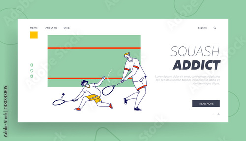 Adult and Child Characters Playing Squash Landing Page Template. Father and Son or Coach and Student Sports Training