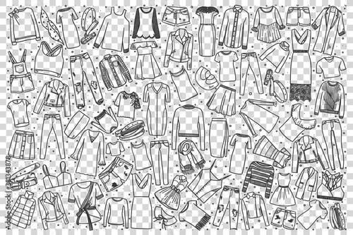 Womens clothing doodle set. Collection of hand drawn sketches templates patterns woman clothing trousers dresses shirts coats on transparent background. Female fashionable casual outfit and shopping.