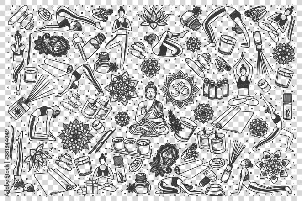 Yoga doodle set. Collection of hand drawn templates patterns sketches of meditation poses exercises and body or mental health relaxation symbols illustration. Healthy lifestyle illustration.