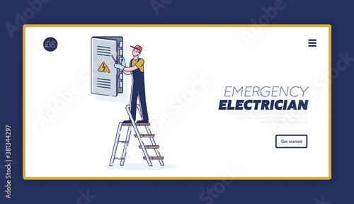 Electrician service website landing page with engineer works with electrical service panel cabinet