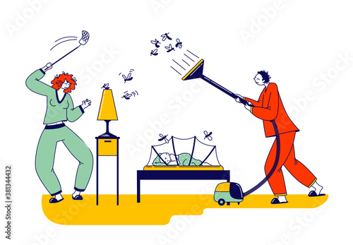 Despair Young Couple Characters Fighting with Mosquito at Night Time, Man and Woman Use Vacuum Cleaner and Fly Swatter