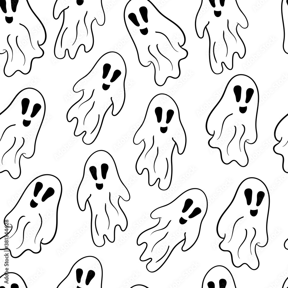 Seamless pattern with doodle ghosts, coloring page Seamless pattern with doodle ghosts, coloring page