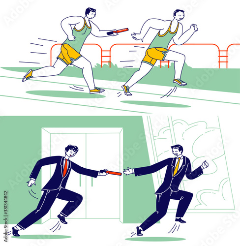Relay Race Competition, Male Characters Running on Stadium and Office Hallway with Baton. Sportsmen and Businessmen Run