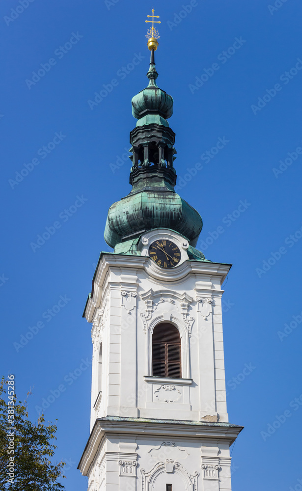 Historic white tower in the center of Klatovy, Czech Republic