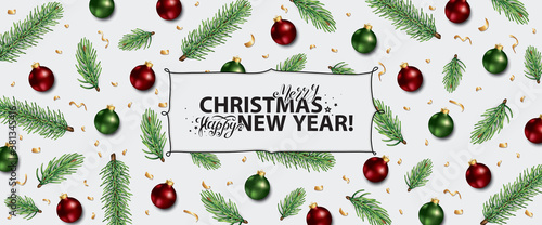 Christmas and New Year Holiday background. Xmas banner with christmas balls and spruce decoration. Flat lay. Vector Christmas lettering Greeting card