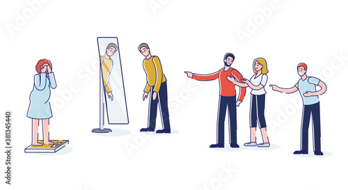 People bullying fat man and woman with overweight pointing fingers and laughing