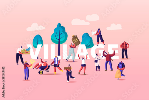 People in Village Concept. Characters Doing Farming Job as Care of Birds and Animals, Cut Hay for Livestock, Harvesting