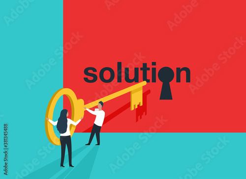 Business solution teamwork concept - small people with big vintage key directed to keyhole - vector illustration 