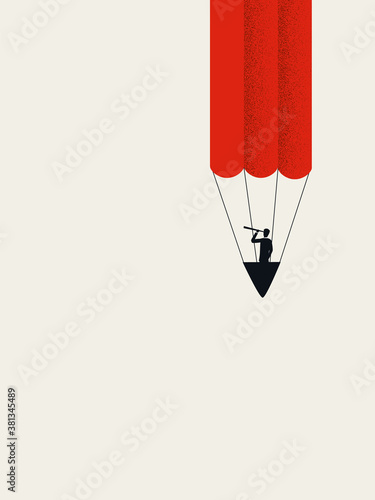 Business creativity vector concept. Innovation and inspiration symbol, visionary businessman flying balloon.