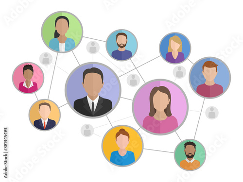 Social networking icon - schematic people group silhouettes connected to each other by lines - vector conceptual illustration 