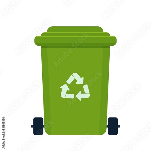 Trash can in green colour isolated on white background with recycl symbol. Stock. Vector illustration