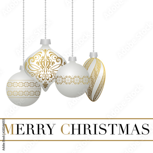 Carte chic et raffinée pour Noël, couleur blanche et or avec des boules décorée de différentes formes.
