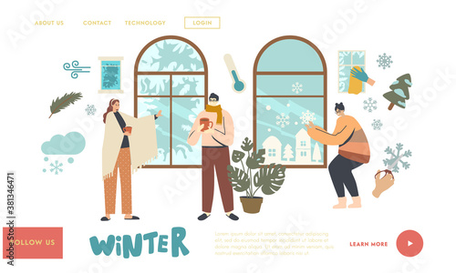 Wintertime Holidays SpareTime Landing Page Template. Young Characters Enjoying Winter Window View and Frost Ornament