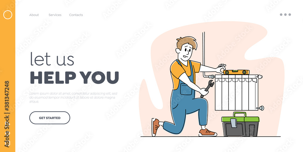 Plumbers Service, Heating Pipes Replacement Landing Page Template. Worker Character with Tools Repairing, Install House