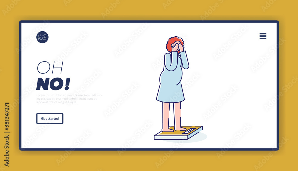Landing page with scared woman measuring on weight scale with closed eyes Landing page with scared woman measuring on weight scale with closed eyes