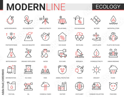 Ecology flat line icon vector illustration set. Red black thin linear design collection of ecosystem environmental resource symbols, eco cars houses, modern green city technology to save environment
