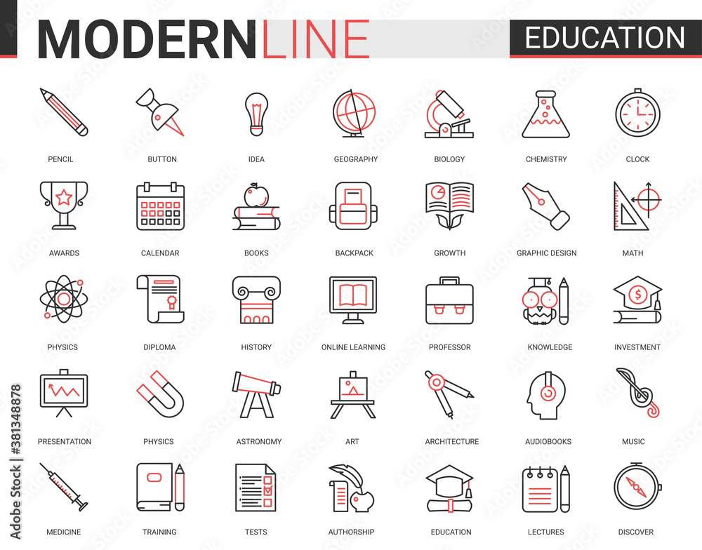Education flat thin red black line icon vector illustration set with ...