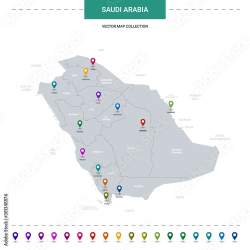 Saudi Arabia map with location pointer marks. Infographic vector template, isolated on white background.