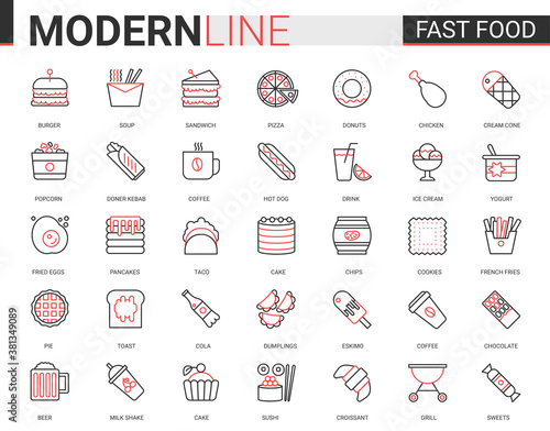 Fast food flat thin red black line icons vector illustration set, outline streetfood cafe menu linear symbols, junk food collection of linear burger sandwich pizza donut pie cake pancakes croissant photo
