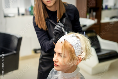Female hair stylist applies white dye to hair of young female client in hair salon