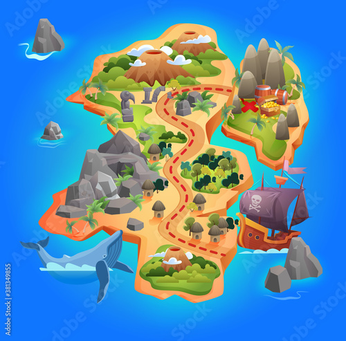 Treasure game map vector illustration. Cartoon tropical island map showing road direction to pirate gold treasure, through mountains and forests, starting from piratical ship by sea, gaming background